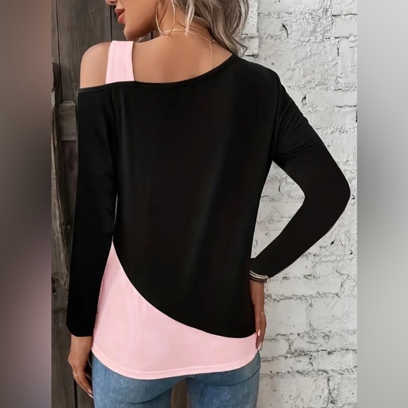NWOT Womens Plus Black & Pink Colorblock Long Sleeve One Shoulder Top - Picture 2 of 9